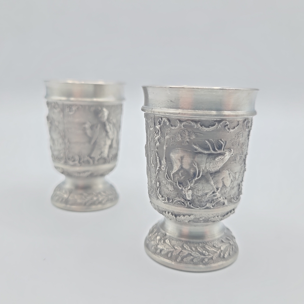 Vintage German Pewter Shot Glasses Set of 2 Hunting Scene Zinn Cups